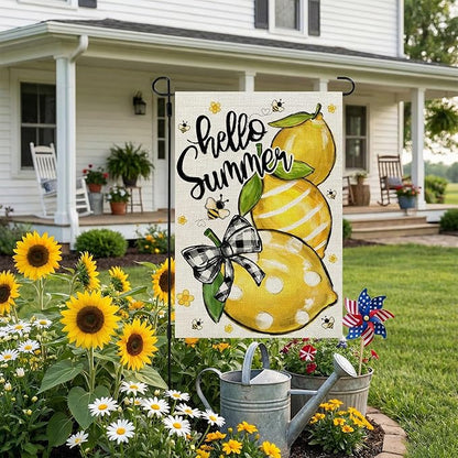 CROWNED BEAUTY Hello Summer Garden Flag Lemons 12x18 Inch Double Sided Small Yellow Floral Seasonal Holiday Decoration for Outside Yard