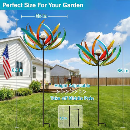 Large Solar Wind Spinners for Yard and Garden-82.6 Inch 360° Metal Wind Sculptures Outdoor Clearance Kinetic Windmills with Multi Color Led Glass Ball