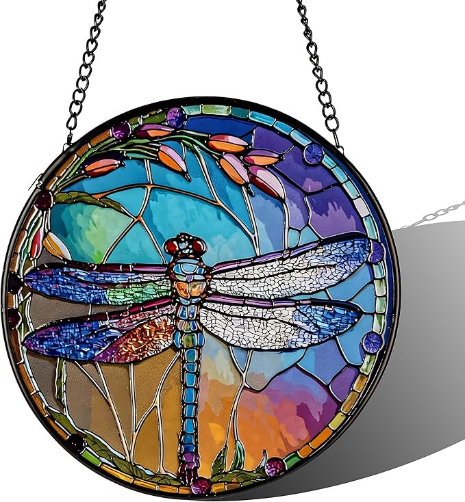 Stained Glass Sun Catcher,Dragonfly Glass Window Hanging Garden Decor,Sun Catchers Indoor Window,Whimsical Decoration for Home Backyard Patio Lawn Porch with 7.9 INCH