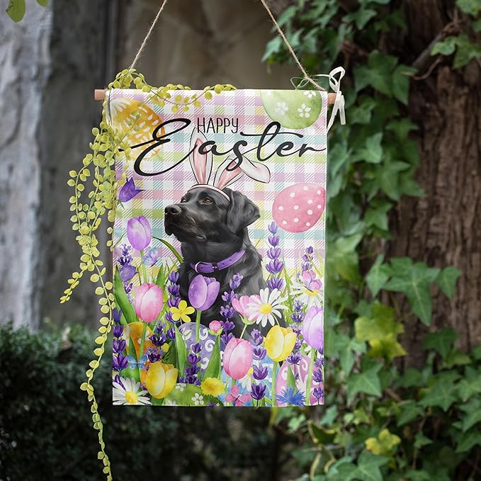 Happy Easter Labrador Dog Garden Flag Black Lab Spring Flags Buffalo Plaid Bunny Eggs Yard Flag for Outside 12x18 Double Sided Small Decorative Floral Outdoor Flag