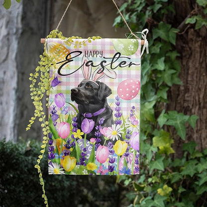 Happy Easter Labrador Dog Garden Flag Black Lab Spring Flags Buffalo Plaid Bunny Eggs Yard Flag for Outside 12x18 Double Sided Small Decorative Floral Outdoor Flag