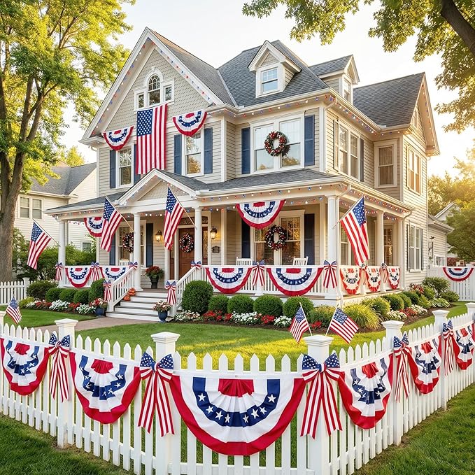 6 Pack American Pleated Fan Flag, 1.5 x 3 Ft Red White and Blue Half Fan Flag Bunting Banner, Patriotic Decor USA Bunting Flags Outdoor Indoor for Porch Garden Memorial Day 4th of July Decorations