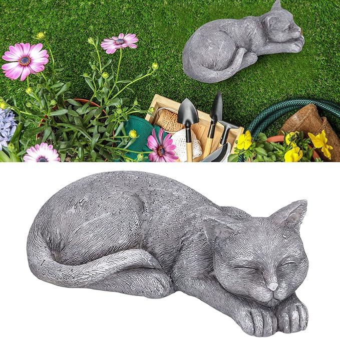 Hapivida Cat Garden Statue, 5.5in Mini Pet Garden Memorial Stone Sleeping Cat Statue Decor Outdoor Resin Realistics Sculptures Gift Grey