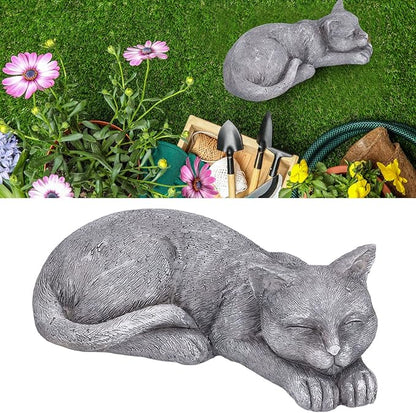 Hapivida Cat Garden Statue, 5.5in Mini Pet Garden Memorial Stone Sleeping Cat Statue Decor Outdoor Resin Realistics Sculptures Gift Grey