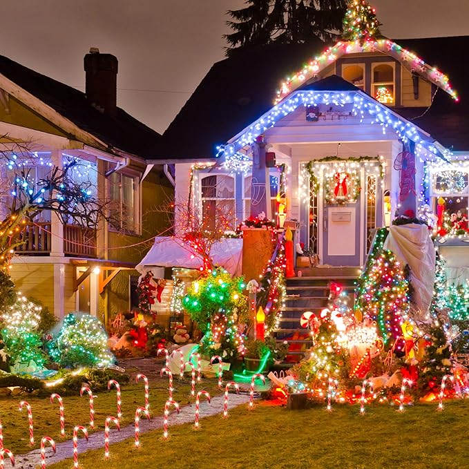 COOLWUFAN 12 Pack Christmas Candy Cane Pathway Markers, 17'' Christmas Outdoor Decorations Pathway Lights with 60 Warm Lights for Indoor and Outdoor Xmas Holiday Party Patio Yard Decor