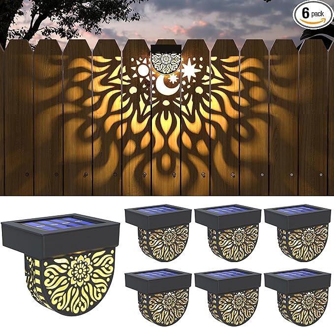 Gardsee Solar Fence Lights 6 Pack Solar Deck Lights Waterproof LED Solar Powered Step Light Wall Lights Outdoor Decorations Warm Yellow Light Decorative Lighting for Garden (Black)