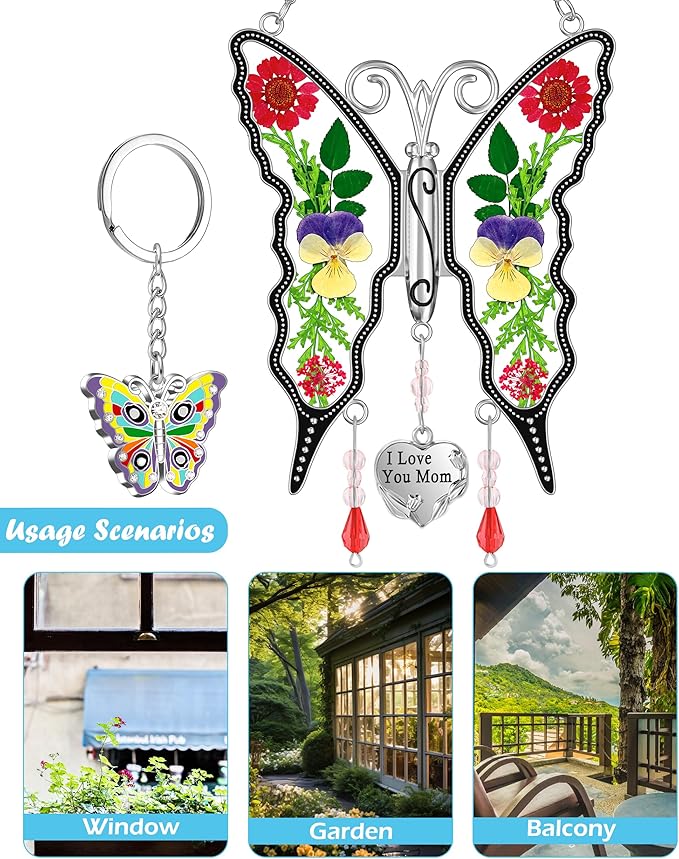KY&BOSAM Gifts for Mom I Love You Mom Butterfly Suncatcher Stained Glass Window Hanging Wind Chime with Pressed Real Flowers Purple Butterfly Mother Gift for Women Mothers Day Christmas Birthday Decor