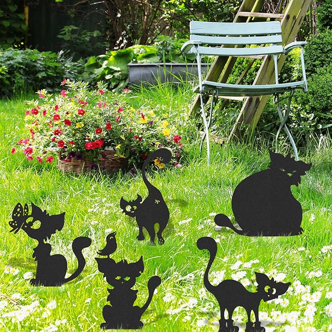 Cat Metal Garden Stakes - 5 Pcs Funny Cats Statues Outside Black Yard Art Ornaments Outdoor Silhouette Decor for Patio Lawn Pathway Halloween Christmas Birthday Gifts for Animal Lover