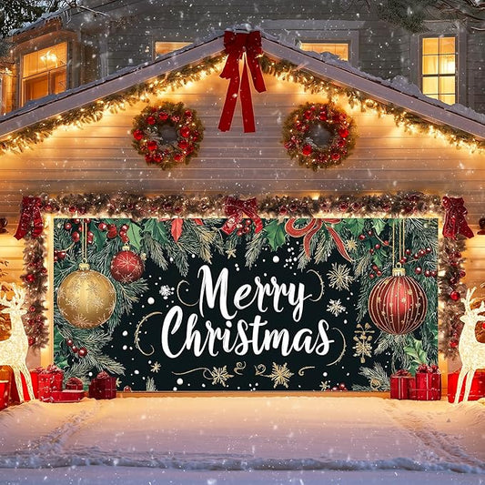 IVN Merry Christmas Happy New Year Garage Door Banner 13x6 ft Christmas Garage Door Cover Wnter Scene Background Indoor Outdoor Black Snowflake Tree Holly Ornaments Holiday Decorations for Home and Events Wall Backdrop Decor