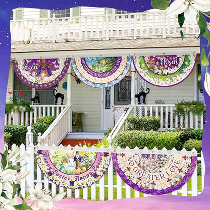 6 Pcs Easter Bunting Flag He Is Risen Bunting Banner Happy Easter Garden Fan Flag Bunny Religious Cross Decoration for Holiday Indoor Outdoor Yard Porch Decor, 1.5 x 3 ft