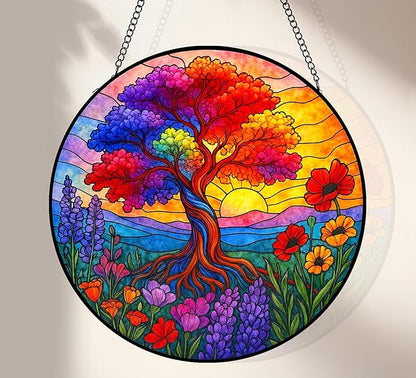 Stained Glass Window Hanging, Tree of Life Sun Catchers Stained Glass Panels for Indoor Windows Wall Art Decor, Birthday Graduation Gift for Mom Women Wife Men Lovers (11.8inch)