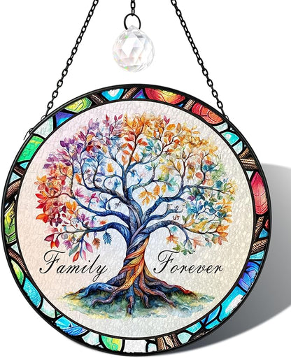 Tree of Life Stained Glass Window Hanging Family Tree Suncatcher for Door Home Decor Desk Decorations Gifts for Women (Glass-Family Forever, 7.8x7.8 in)