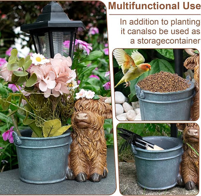 Highland Cow Statues Outdoor Solar Sculptures with Solar Lights and Flowerpot Funny Garden Decor Animal Figurines Resin Outdoor Statues for Patio Yard Lawn Balcony Grandma Mom Gifts
