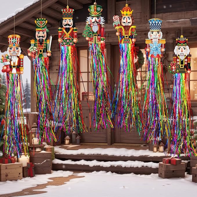 DoubleFill 8pcs Christmas Nutcracker Outdoor Decorations with Tassels Christmas Hanging Yard Decorations for Outside 3.3ft Xmas Signs Windsocks for Tree Lawn Yard Wall Party Supplies Home Decor