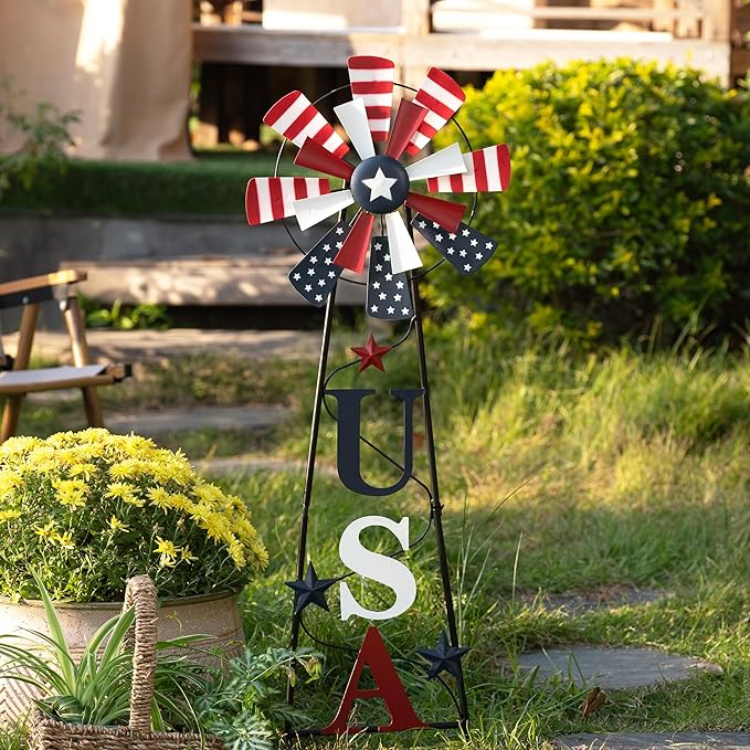 TERESA'S COLLECTIONS 4th of July Decorations for Outdoor Decor, Patriotic Memorial Day Decorations Wind Spinner Garden Yard Sign, USA Americana Windmill Decorative Stake Independence Day Gifts 35.4''