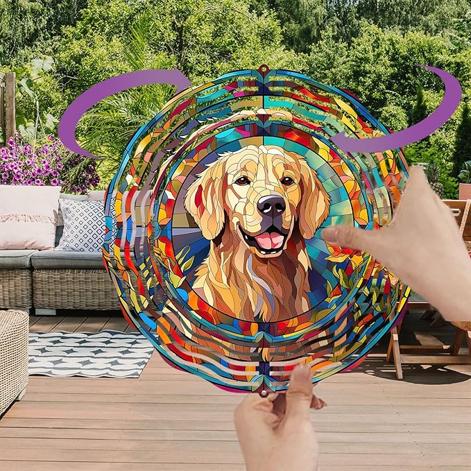 Golden Retriever Wind Spinner Pet Dog Memorial Gifts, Vibrant 3D Kinetic Aluminum Metal Hanging Outdoor Garden Decor, Loss of Dogs Sympathy Gifts, 8" Wind Sculptures for Patio, Porch Yard Art (GR5)