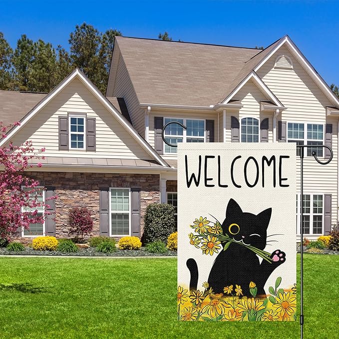 Summer Garden Flag Welcome Black Cat Sunflower Double Sided Burlap 12x18 inches For Porch Lawn Yard Outdoor and Home Decor