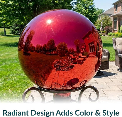 Sunnydaze 10-Inch Gazing Ball for Garden - Glass Gazing Globe with Mirrored Stainless Steel Finish - Red