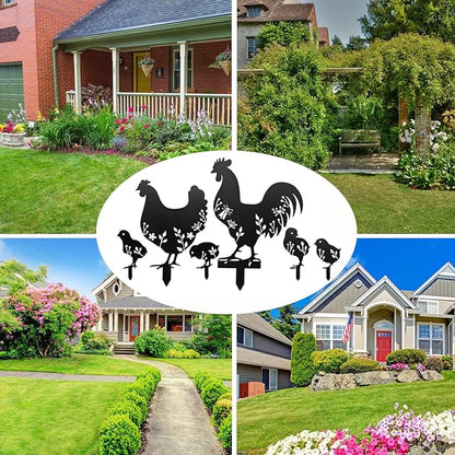 6Pcs Chicken Yard Art Garden Metal Statue Decor, Lifelike Rooster Hen Animals Stakes Outdoor Decorations, Black Hollow Out Chickens Family Silhouette Sets for Farmhouse Pathway Lawn