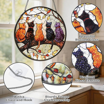 Cat Stained Glass Window Hanging with Hook – 6.3" Handcrafted Suncatcher, Vibrant Decor for Living Room Office, Unique Gifts for Women, Mom, Teen Girls, Cat Lovers