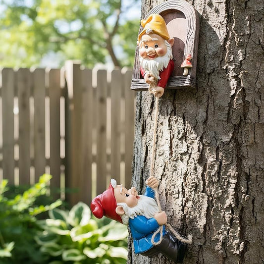 Real Gnome Statue, Garden Climbing Elves Sculpture, Outdoor Fairy Door Figurines, Fairy Hanging Decor, Tree Hugger Perfect for Garden Lovers Lawn, Patio,Yard Decor,Tree Peeker (2Pcs)
