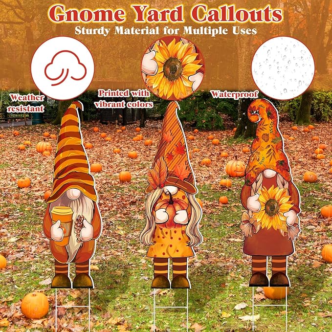Umigy 3 Pcs Thanksgiving Yard Decor Cute Fall Gnome Yard Sign with Stakes 32 x 10 Inch Autumn Gnome Outdoor Lawn Decor, Outside Thanksgiving Garden Decoration for Home Pathway Walkway