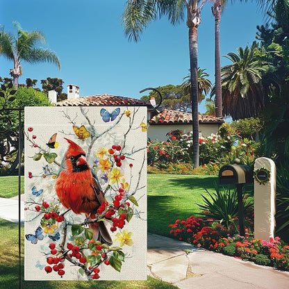 Spring Summer Cardinal Bird Butterfly Floral Garden Flag 12x18 Inch Double Sided, Welcome Yard Decor, Farmhouse Outdoor Flag for Lawn Patio Porch