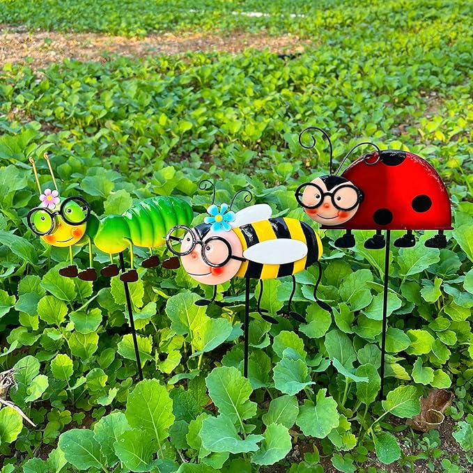 Metal Garden Stakes Set of 3, Hand Painted Insect Yard Art, Ladybug Bee Caterpillar Outdoor Decor, Colorful 3D Lawn Ornaments, Floor Mount Patio Decoration