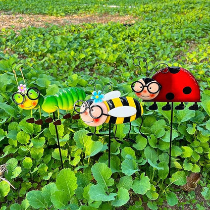 Metal Garden Stakes Set of 3, Hand Painted Insect Yard Art, Ladybug Bee Caterpillar Outdoor Decor, Colorful 3D Lawn Ornaments, Floor Mount Patio Decoration