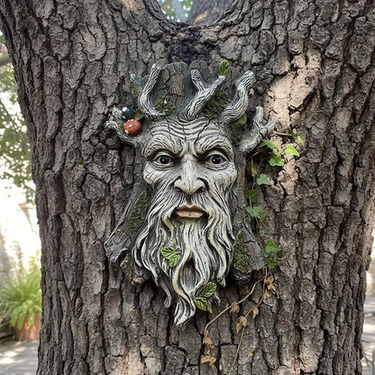 Old Man Tree Face Hugger Outdoor Decor, Handmade Tree Art Resin Statue with Foliage & Mushroom Details, Whimsical Hanging Yard Art for Garden Wall Fence