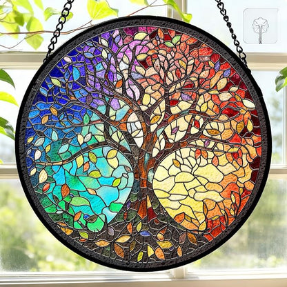 7.8 Inch Stained Glass Window Hanging Tree of Life Sun Catcher Indoor Window Door Wall Yard Garden Home Decor Colorful Glass Panel Suncatcher Gifts for Women Men Mom Grandma