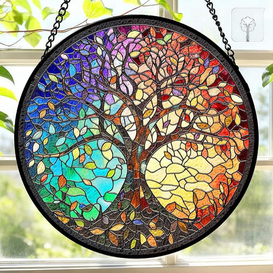 7.8 Inch Stained Glass Window Hanging Tree of Life Sun Catcher Indoor Window Door Wall Yard Garden Home Decor Colorful Glass Panel Suncatcher Gifts for Women Men Mom Grandma