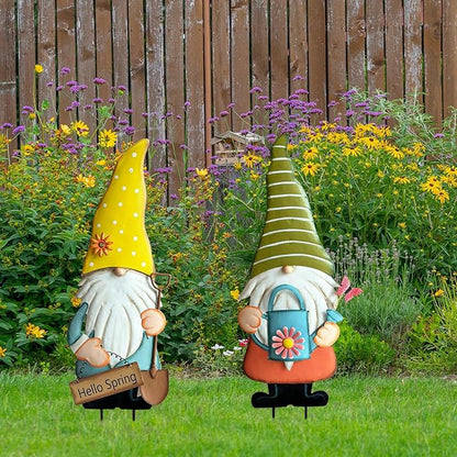 Metal Gnome Decorative Garden Stakes,23.8” Set of 2 Spring Garden Gnomes Outdoor Decor with Flower Butterfly Watering Can Ornament, Gnomes Decorations for Yard Lawn Backyard Porch Outside Decorations