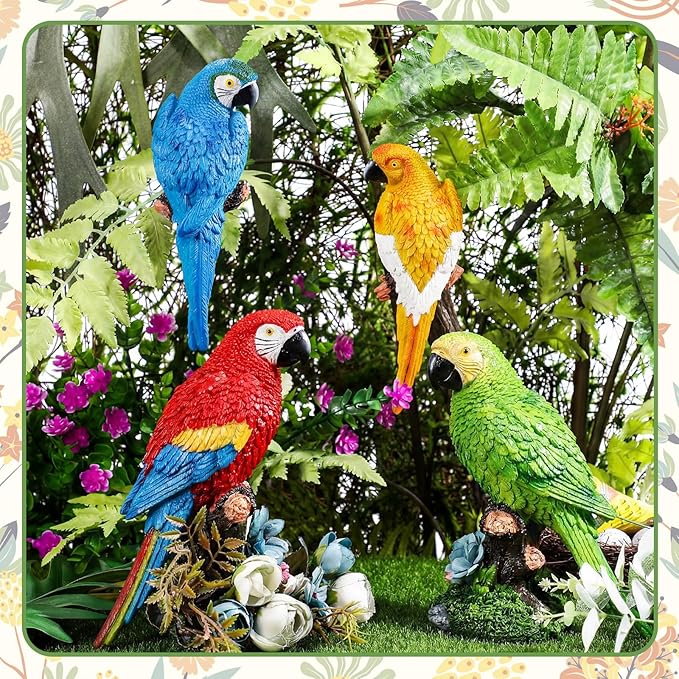 Jetec Parrot Decor Outdoor Tiki Bar Decor Large Realistic Parrot Statues Outside Lifelike Bird Sculptures Garden Patio Yard Lawn Figurines for Tropical Animal Tree Wall(4 Pcs,Blue,Red,Yellow,Green)
