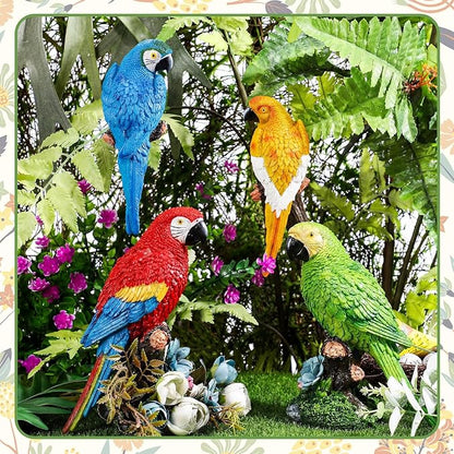 Jetec Parrot Decor Outdoor Tiki Bar Decor Large Realistic Parrot Statues Outside Lifelike Bird Sculptures Garden Patio Yard Lawn Figurines for Tropical Animal Tree Wall(4 Pcs,Blue,Red,Yellow,Green)