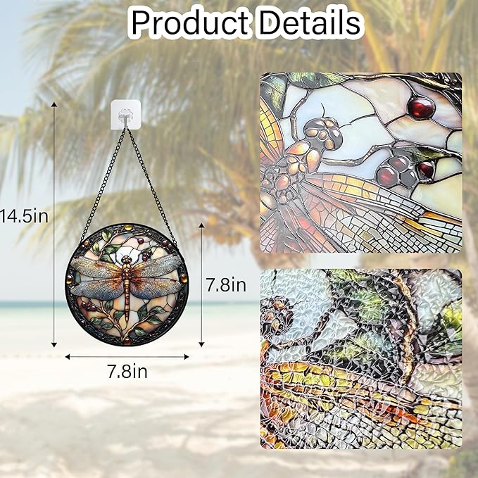 DASTOLL Stained Glass Window Hanging - Dragonfly Plant Suncatcher Ready to Hang Window Doors Home Decoration, Christmas, Mother's Day Birthday Gifts for Women, Men, and Mom 9.8x9.8 in