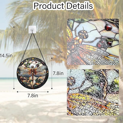 DASTOLL Stained Glass Window Hanging - Dragonfly Plant Suncatcher Ready to Hang Window Doors Home Decoration, Christmas, Mother's Day Birthday Gifts for Women, Men, and Mom 9.8x9.8 in