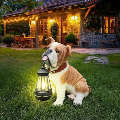 English Bulldog Garden Statue with Solar Lantern, Realistic Dog Sculpture, Birthday Gift for Women Mom Grandma, Housewarming Gift for New Home, Outdoor Resin Puppy Decor,Fawn
