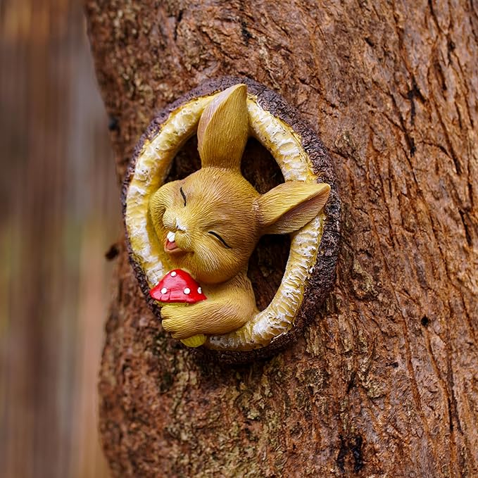 Garden Bunny Sculpture, Decorative Smiling Rabbit Tree Log Statue with Mushroom, Indoor Outdoor Resin Art Decor