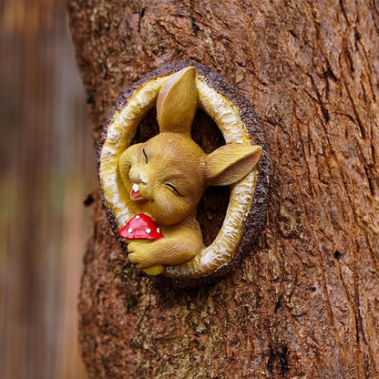Garden Bunny Sculpture, Decorative Smiling Rabbit Tree Log Statue with Mushroom, Indoor Outdoor Resin Art Decor