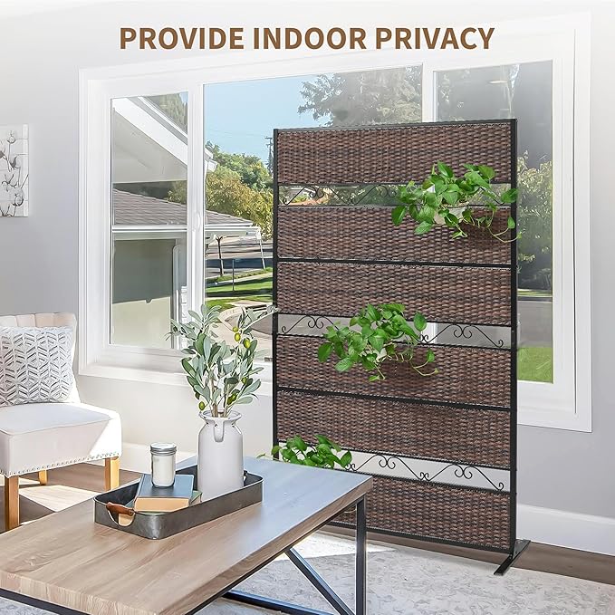 73" H×45" W Rattan Outdoor Privacy Screen Freestanding for Patio, Balcony Metal Privacy Screen and Room Divider for Garden, Apartment, Deck(Brown, 1 Panel)