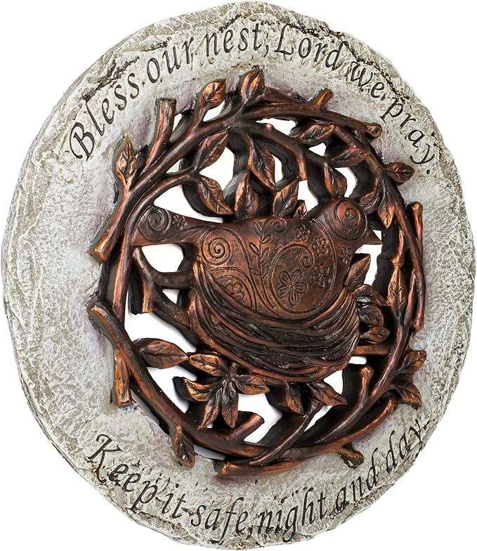 Roman Exclusive Terrace Garden Stone with a Bird in Nest and Verse, 12.2-Inch, 2-Tone Dolomite/Resin