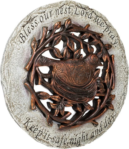 Roman Exclusive Terrace Garden Stone with a Bird in Nest and Verse, 12.2-Inch, 2-Tone Dolomite/Resin