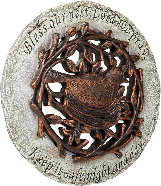 Roman Exclusive Terrace Garden Stone with a Bird in Nest and Verse, 12.2-Inch, 2-Tone Dolomite/Resin