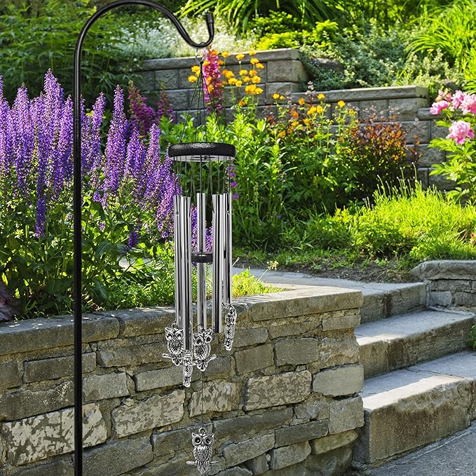 Owl Windchimes - Silver Metal Owls - Mobile Musical Wind Chime - Porch Deck Garden - 26" Long