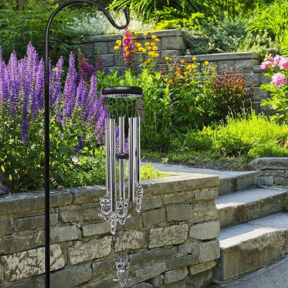 Owl Windchimes - Silver Metal Owls - Mobile Musical Wind Chime - Porch Deck Garden - 26" Long