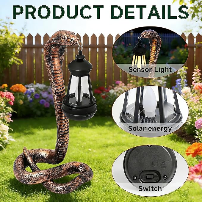 Solar Garden Outdoor Statues Snake with Solar Lights Outdoor Chrismtas Decorations - Lawn Decor Snake Statue for Patio, Balcony, Yard Ornament - Unique Housewarming Gifts (Brass Color)