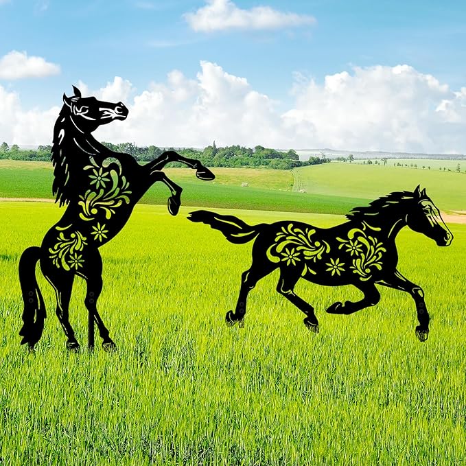 2 Pcs Year of The Horse Metal Garden Stakes, Running & Jumping Horse Silhouette Yard Art, Outdoor Lawn Patio Decor for Lunar New Year Rustic Metal Yard Stakes for Garden Pathway Farm Decor