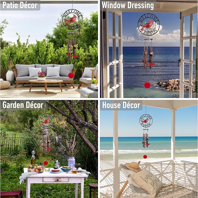 CoTa Global Welcome Friends Red Cardinal Wind Chime - Handmade Metal Hanging Decor, Red Bird Garden Ornament with Copper Tubes, Indoor Outdoor Porch Patio Yard Decoration - 31 Inches