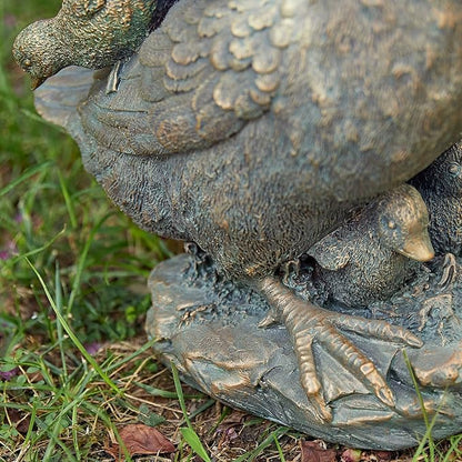 Glitzhome Bronze Duck Garden Statue, 15" H Faux Family of 4 with Mother and Three Babies, Hand-Painted Resin & Stone Outdoor Decor for Yard, Patio, Spring Landscape